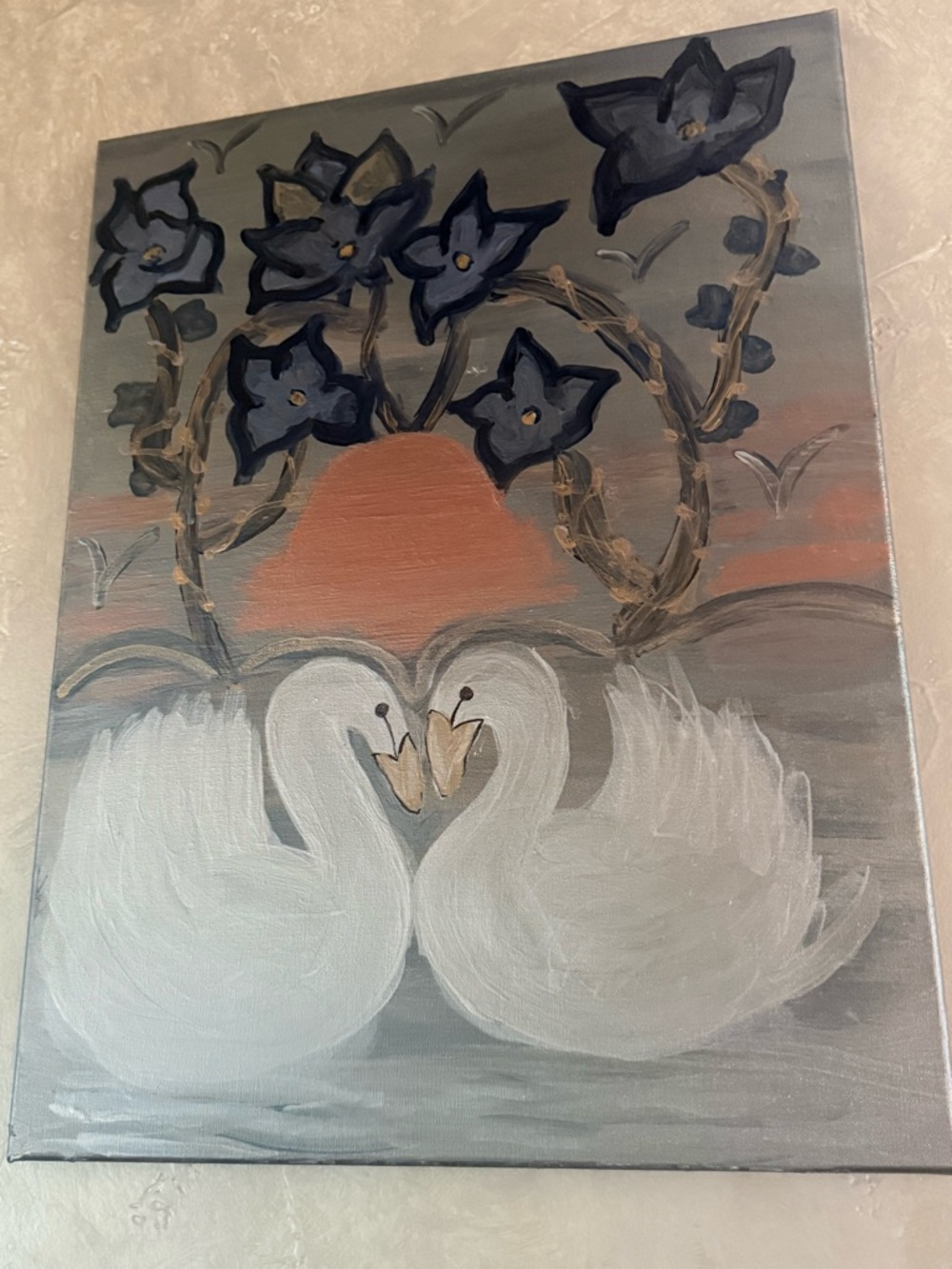 Romantic Swan Canvas Painting in White and Gray
